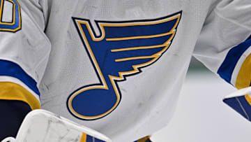 Dec 14, 2024; Dallas, Texas, USA; A view of the Blues logo on the jersey of St. Louis Blues goaltender Jordan Binnington (50) during the game between the Dallas Stars and the St. Louis Blues at American Airlines Center. Mandatory Credit: Jerome Miron-Imagn Images