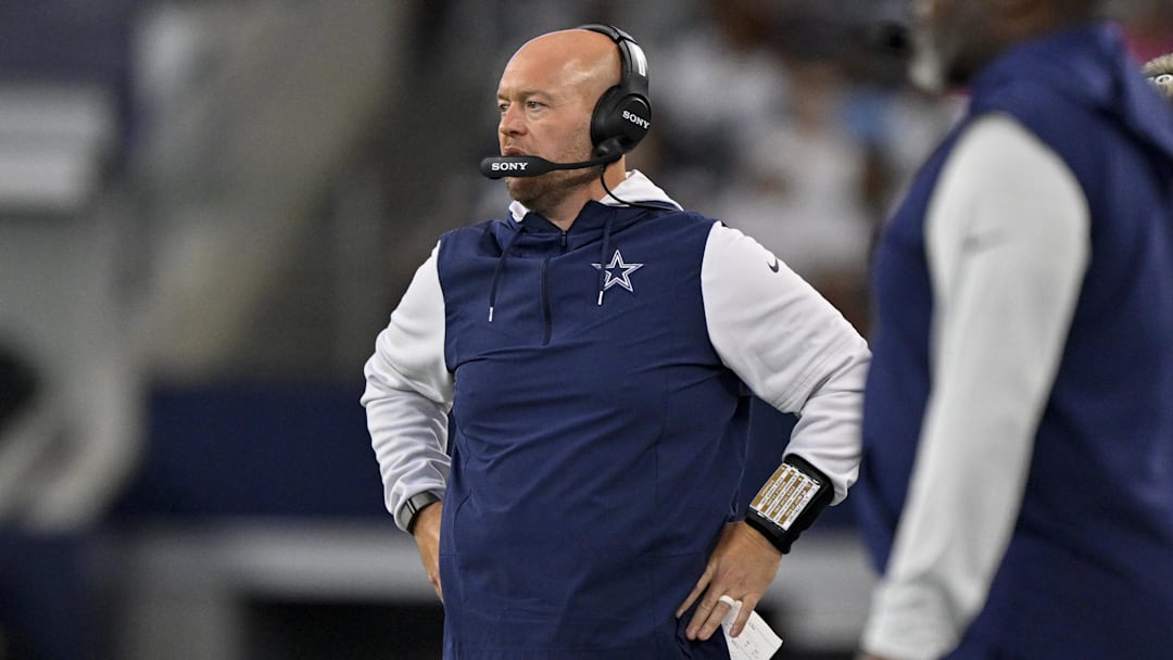 Aug 16, 2025; Arlington, Texas, USA; Dallas Cowboys defensive line coach Aaron Whitecotton during the game between the Dallas Cowboys and the Baltimore Ravens at AT&T Stadium. Mandatory Credit: Jerome Miron-Imagn Images
