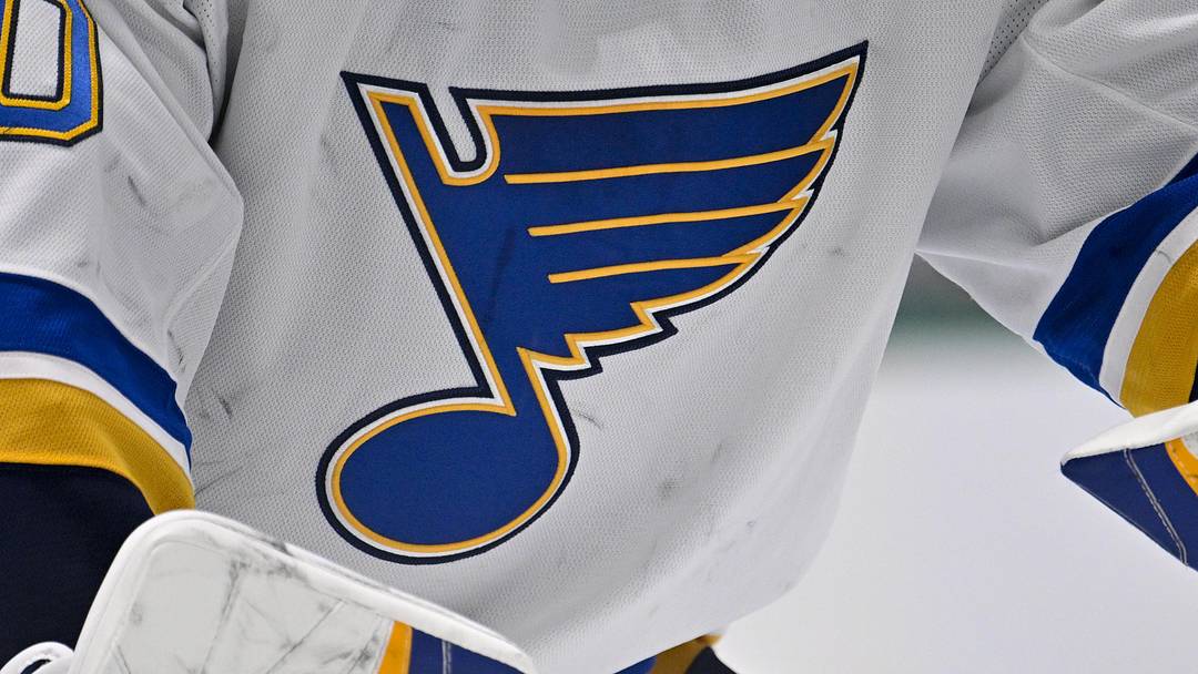 Dec 14, 2024; Dallas, Texas, USA; A view of the Blues logo on the jersey of St. Louis Blues goaltender Jordan Binnington (50) during the game between the Dallas Stars and the St. Louis Blues at American Airlines Center. Mandatory Credit: Jerome Miron-Imagn Images