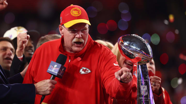 Feb 11, 2024; Paradise, Nevada, USA; Kansas City Chiefs head coach Andy Reid celebrates with the Vince Lombardi Trophy after defeating the San Francisco 49ers in Super Bowl LVIII at Allegiant Stadium. Mandatory Credit: Mark J. Rebilas-USA TODAY Sports