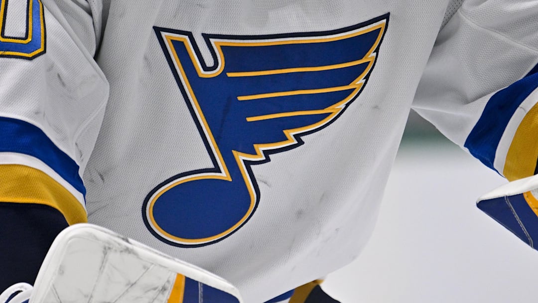 Dec 14, 2024; Dallas, Texas, USA; A view of the Blues logo on the jersey of St. Louis Blues goaltender Jordan Binnington (50) during the game between the Dallas Stars and the St. Louis Blues at American Airlines Center. Mandatory Credit: Jerome Miron-Imagn Images