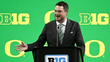 Jul 25, 2024; Indianapolis, IN, USA; Oregon Ducks head coach ??Dan Lanning speaks to the media during the Big 10 football media day at Lucas Oil Stadium. Mandatory Credit: Robert Goddin-USA TODAY Sports