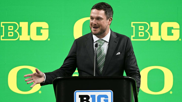 Jul 25, 2024; Indianapolis, IN, USA; Oregon Ducks head coach ??Dan Lanning speaks to the media during the Big 10 football media day at Lucas Oil Stadium. Mandatory Credit: Robert Goddin-USA TODAY Sports