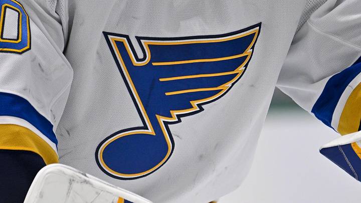 Dec 14, 2024; Dallas, Texas, USA; A view of the Blues logo on the jersey of St. Louis Blues goaltender Jordan Binnington (50) during the game between the Dallas Stars and the St. Louis Blues at American Airlines Center. Mandatory Credit: Jerome Miron-Imagn Images
