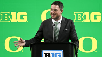 Jul 25, 2024; Indianapolis, IN, USA; Oregon Ducks head coach ??Dan Lanning speaks to the media during the Big 10 football media day at Lucas Oil Stadium. Mandatory Credit: Robert Goddin-USA TODAY Sports