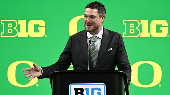 Jul 25, 2024; Indianapolis, IN, USA; Oregon Ducks head coach ??Dan Lanning speaks to the media during the Big 10 football media day at Lucas Oil Stadium. Mandatory Credit: Robert Goddin-USA TODAY Sports