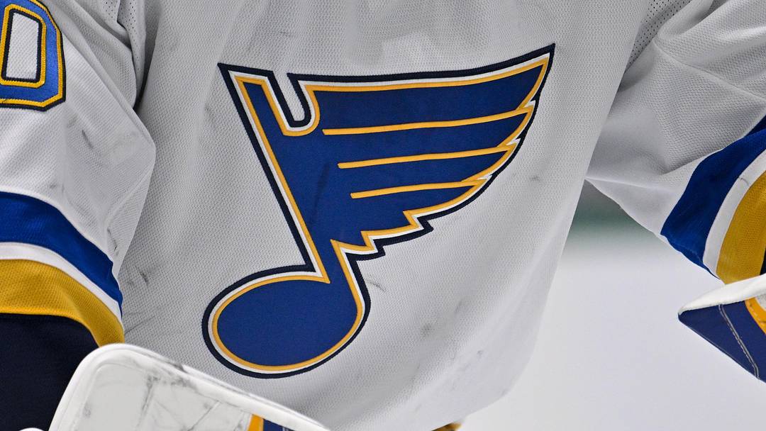 Dec 14, 2024; Dallas, Texas, USA; A view of the Blues logo on the jersey of St. Louis Blues goaltender Jordan Binnington (50) during the game between the Dallas Stars and the St. Louis Blues at American Airlines Center. Mandatory Credit: Jerome Miron-Imagn Images