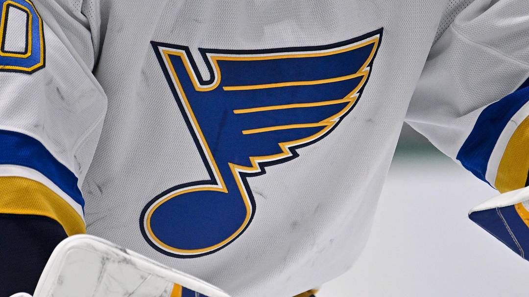 Dec 14, 2024; Dallas, Texas, USA; A view of the Blues logo on the jersey of St. Louis Blues goaltender Jordan Binnington (50) during the game between the Dallas Stars and the St. Louis Blues at American Airlines Center. Mandatory Credit: Jerome Miron-Imagn Images