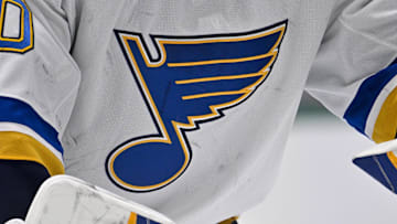 Dec 14, 2024; Dallas, Texas, USA; A view of the Blues logo on the jersey of St. Louis Blues goaltender Jordan Binnington (50) during the game between the Dallas Stars and the St. Louis Blues at American Airlines Center. Mandatory Credit: Jerome Miron-Imagn Images