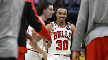 Mar 10, 2025; Chicago, Illinois, USA; Chicago Bulls guard Tre Jones (30) and guard Josh Giddey (3) during the second half against the Indiana Pacers  at United Center. Mandatory Credit: Matt Marton-Imagn Images