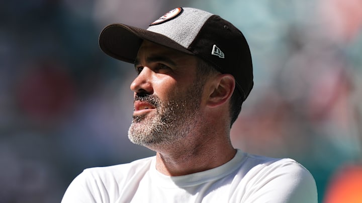 Nov 13, 2022; Miami Gardens, Florida, USA; Cleveland Browns head coach Kevin Stefanski stands on the field prior to the game against the Miami Dolphins at Hard Rock Stadium. Mandatory Credit: Jasen Vinlove-Imagn Images