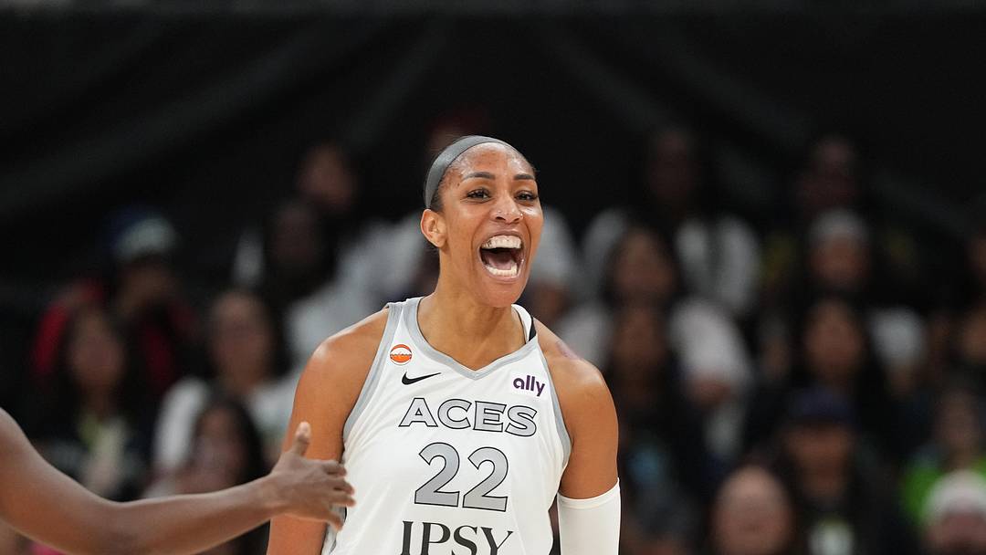 May 3, 2026; Austin, TX, USA; Las Vegas Aces center A’ja Wilson (22) reacts after scoring while drawing a foul during the first half against the Dallas Wings at Moody Center. Mandatory Credit: Scott Wachter-Imagn Images