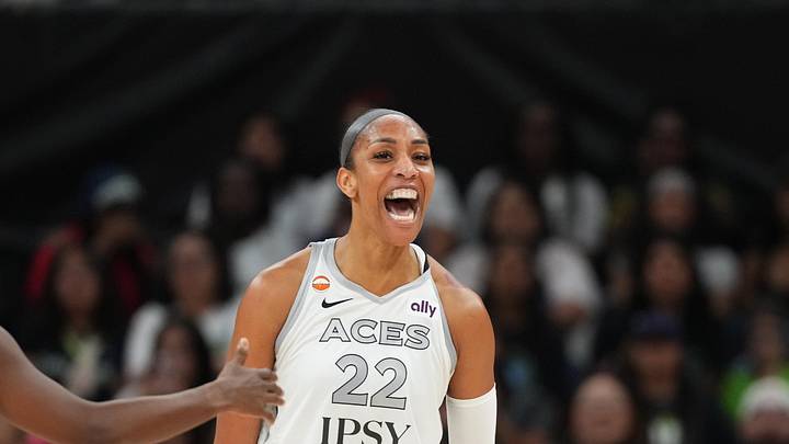 May 3, 2026; Austin, TX, USA; Las Vegas Aces center A’ja Wilson (22) reacts after scoring while drawing a foul during the first half against the Dallas Wings at Moody Center. Mandatory Credit: Scott Wachter-Imagn Images