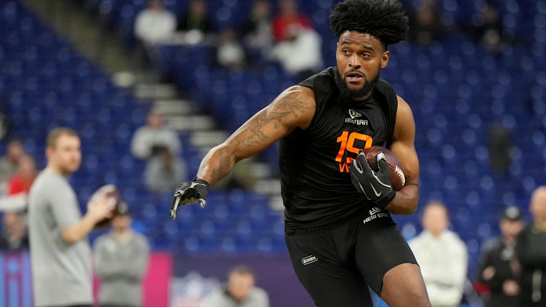 Former Oregon wideout and Dallas Cowboys WR Traeshon Holden (WO19) during the 2025 NFL Combine at Lucas Oil Stadium.