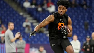 Former Oregon wideout and Dallas Cowboys WR Traeshon Holden (WO19) during the 2025 NFL Combine at Lucas Oil Stadium.