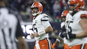Cleveland Browns quarterback Joe Flacco jogs off the field in a 2024 AFC wild card game against the Houston Texans at NRG Stadium. 