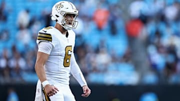 New Orleans Saints QB Tyler Shough (6) celebrates a big play against the Panthers in Charlotte, N.C. on Nov. 9, 2025.