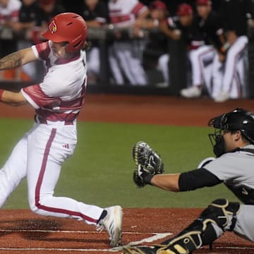 Louisville's outfielder Lucas Moore (53) knocks two runs in against Vanderbilt Tuesday night at Jim Patterson Stadium.
May 6, 2025
