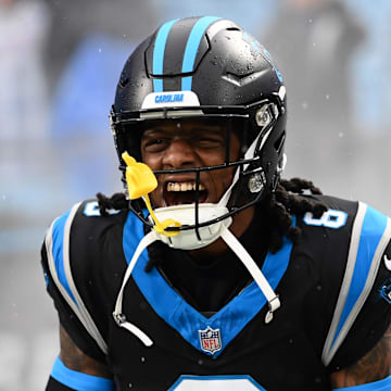 Dec 17, 2023; Charlotte, North Carolina, USA; Carolina Panthers cornerback Jaycee Horn (8) is introduced before the game at Bank of America Stadium. 