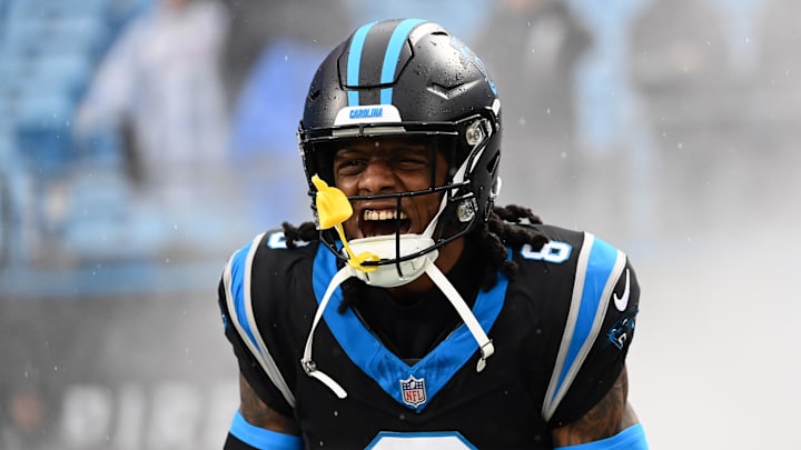 Dec 17, 2023; Charlotte, North Carolina, USA; Carolina Panthers cornerback Jaycee Horn (8) is introduced before the game at Bank of America Stadium. 