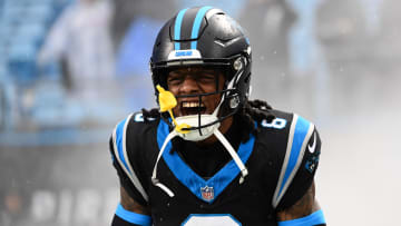 Dec 17, 2023; Charlotte, North Carolina, USA; Carolina Panthers cornerback Jaycee Horn (8) is introduced before the game at Bank of America Stadium. Mandatory Credit: Bob Donnan-USA TODAY Sports