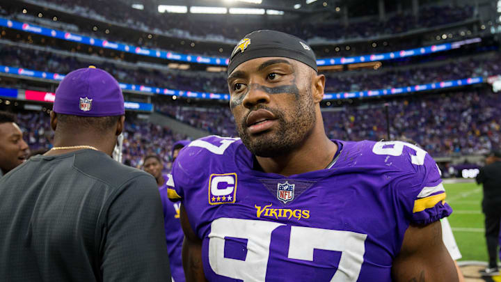 Oct 1, 2017; Minneapolis, MN, USA; Minnesota Vikings defensive lineman Everson Griffen (97) after the game against the Detroit Lions at U.S. Bank Stadium. Mandatory Credit: Brad Rempel-Imagn Images