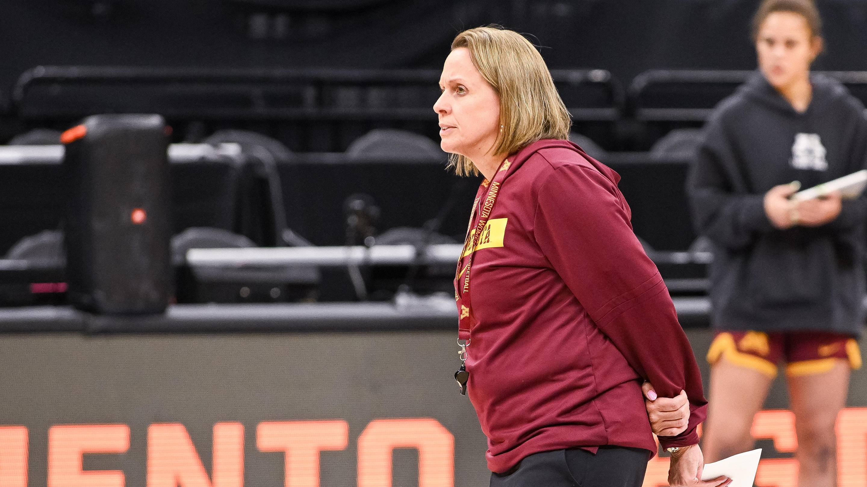 Mar 26, 2026; Sacramento, CA, USA; Minnesota Golden Gophers head coach Dawn Plitzuweit during practice ahead of the Sacramento Regional 2 of the women’s 2026 NCAA tournament at Golden 1 Center. Mandatory Credit: Ed Szczepanski-Imagn Images