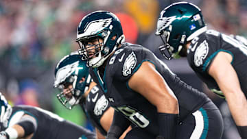Dec 25, 2023; Philadelphia, Pennsylvania, USA; Philadelphia Eagles offensive tackle Jordan Mailata (68) in a game against the New York Giants at Lincoln Financial Field. Mandatory Credit: Bill Streicher-Imagn Images