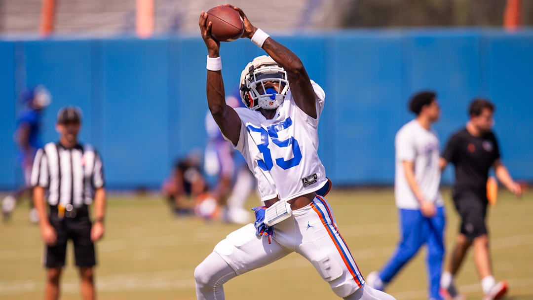 Florida Gators wide receiver DeBraun Hampton (35) hauls in a pass while running routes during Fall practice at Sanders Practice Fields in Gainesville, FL on Thursday, August 8, 2024. [Doug Engle/Gainesville Sun]