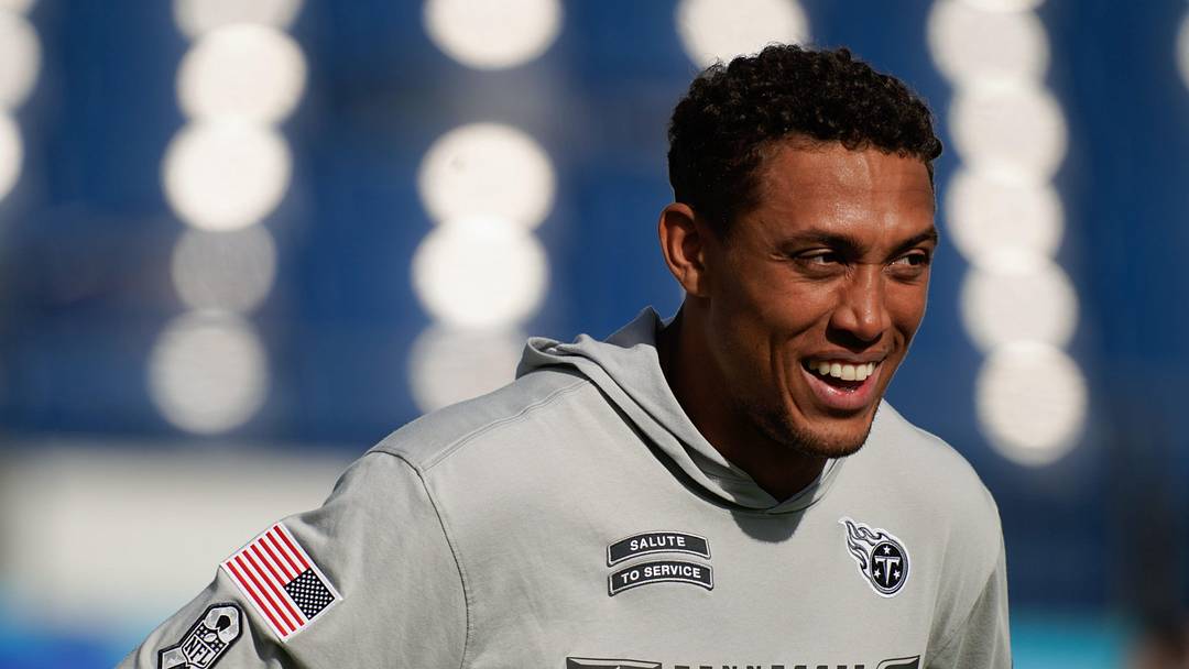 Tennessee Titans wide receiver Nick Westbrook-Ikhine (15) smiles during warm ups before facing the Minnesota Vikings at Nissan Stadium in Nashville, Tenn., Sunday, Nov. 17, 2024.