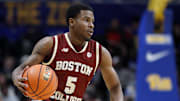 Mar 8, 2025; Pittsburgh, Pennsylvania, USA;  Boston College Eagles guard Fred Payne (5) dribbles the ball against the Pittsburgh Panthers during the second half at the Petersen Events Center. Mandatory Credit: Charles LeClaire-Imagn Images