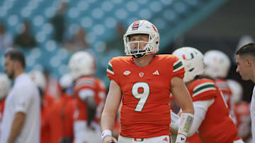 Oct 28, 2023; Miami Gardens, Florida, USA; Miami Hurricanes quarterback Tyler Van Dyke (9) looks on prior to the game against the Virginia Cavaliers at Hard Rock Stadium. Mandatory Credit: Sam Navarro-Imagn Images