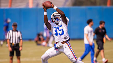 Florida Gators wide receiver DeBraun Hampton (35) hauls in a pass while running routes during Fall practice at Sanders Practice Fields in Gainesville, FL on Thursday, August 8, 2024. [Doug Engle/Gainesville Sun]