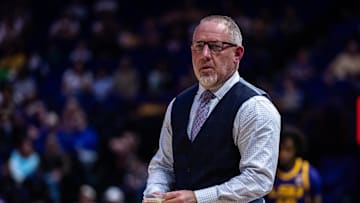 Mar 8, 2025; Baton Rouge, Louisiana, USA;  Texas A&M Aggies head coach Buzz Williams looks on against the LSU Tigers during the second half at Pete Maravich Assembly Center. Mandatory Credit: Stephen Lew-Imagn Images