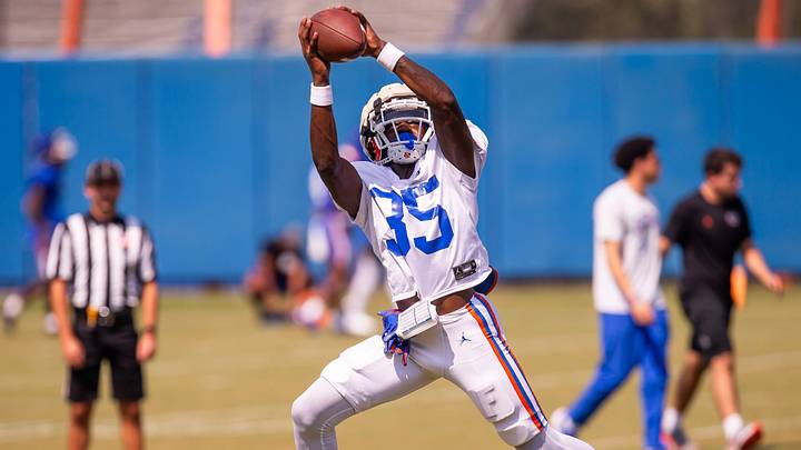 Florida Gators wide receiver DeBraun Hampton (35) hauls in a pass while running routes during Fall practice at Sanders Practice Fields in Gainesville, FL on Thursday, August 8, 2024. [Doug Engle/Gainesville Sun]