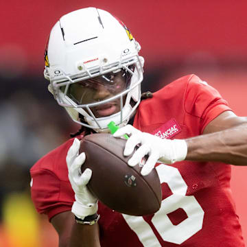 Jul 29, 2025; Glendale, AZ, USA; Arizona Cardinals wide receiver Marvin Harrison Jr. (18) during training camp at State Farm Stadium. Mandatory Credit: Mark J. Rebilas-Imagn Images