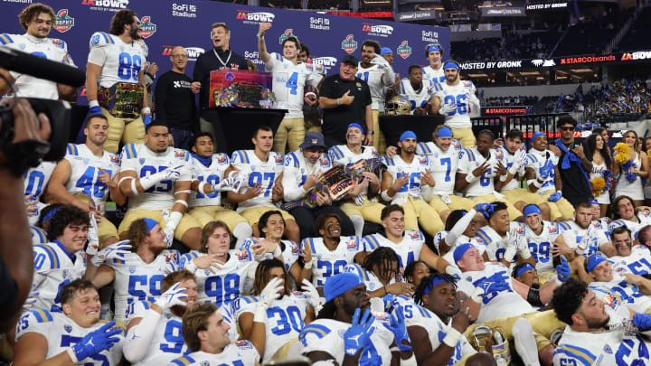 Dec 16, 2023; Inglewood, CA, USA; UCLA Bruins players celebrate a victory against the Boise State.