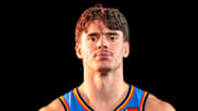 Oklahoma forward Brooks Barnhizer (23) poses for a photo shoot during Thunder media day at Paycom Center in Oklahoma City on Monday, Sept. 29, 2025.
