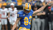 Sep 27, 2025; Pittsburgh, Pennsylvania, USA;  Pittsburgh Panthers place kicker Trey Butkowski (93) kicks a field goal from the hold of punter Caleb Junko (91) against the Louisville Cardinals during the first quarter at Acrisure Stadium. Mandatory Credit: Charles LeClaire-Imagn Images