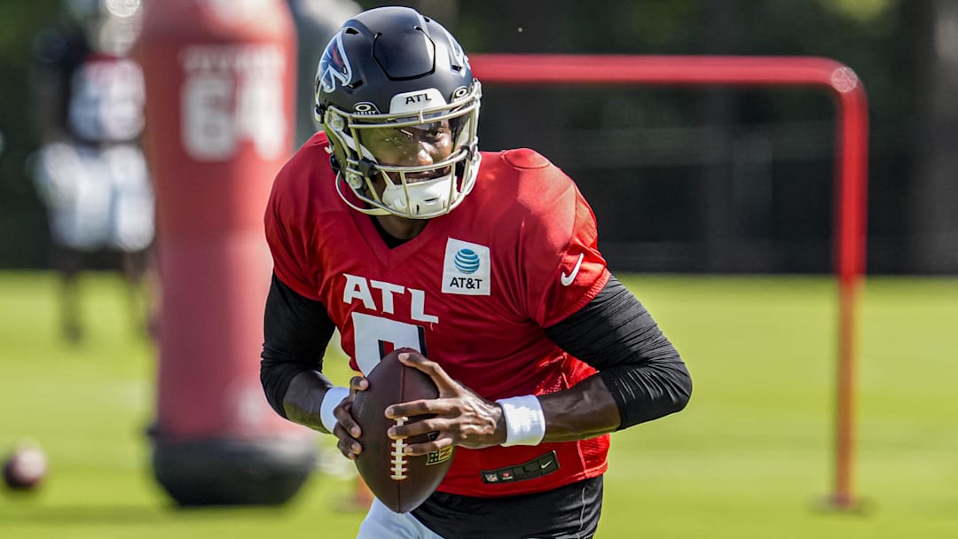 Atlanta Falcons quarterback Michael Penix Jr. (9) is shown during practice at training camp at IBM Performance Field.