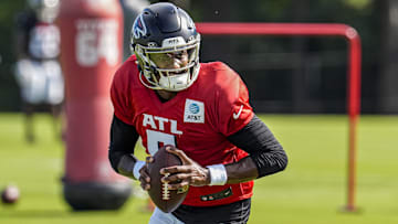 Atlanta Falcons quarterback Michael Penix Jr. (9) is shown during practice at training camp at IBM Performance Field.