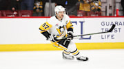 Apr 6, 2025; Chicago, Illinois, USA; Pittsburgh Penguins center Sidney Crosby (87) warms up before a game against the Chicago Blackhawks at United Center. Mandatory Credit: Talia Sprague-Imagn Images