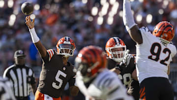 Oct 20, 2024; Cleveland, Ohio, USA; Cleveland Browns quarterback Jameis Winston (5) throws the ball during the fourth quarter against the Cincinnati Bengals at Huntington Bank Field. Mandatory Credit: Scott Galvin-Imagn Images