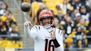 Nov 16, 2025; Pittsburgh, Pennsylvania, USA; Cincinnati Bengals quarterback Joe Flacco (16) passes the ball against the Pittsburgh Steelers during the first half at Acrisure Stadium. Mandatory Credit: Charles LeClaire-Imagn Images