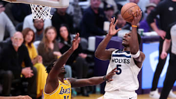 Minnesota Timberwolves guard Anthony Edwards goes to the basket against Los Angeles Lakers during the 2024 NBA Playoffs