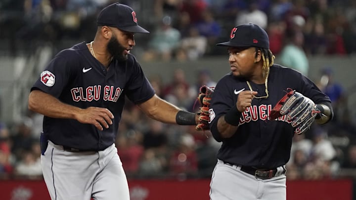 Sep 24, 2022: Cleveland Guardians shortstop Amed Rosario (1) jokes around with third baseman Jose Ramirez (11) as they leave the field after the seventh inning against the Texas Rangers at Globe Life Field. 