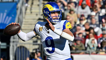 Nov 17, 2024; Foxborough, Massachusetts, USA;  Los Angeles Rams quarterback Matthew Stafford (9) throws a pass during the first half against the New England Patriots at Gillette Stadium. Mandatory Credit: Eric Canha-Imagn Images