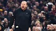 New York Knicks head coach Tom Thibodeau reacts during the first half against the Cleveland Cavaliers at Rocket Arena.