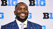 Jul 25, 2024; Indianapolis, IN, USA; Michigan Wolverines head coach Sherrone Moore speaks to the media during the Big 10 football media day at Lucas Oil Stadium. Mandatory Credit: Robert Goddin-Imagn Images