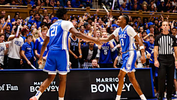 Oct 3, 2025; Durham, NC, USA; Duke Blue Devils center Patrick Ngongba II (21) and guard Isaiah Evans (3) celebrate during the Countdown to Craziness at the Cameron Indoor Stadium. 
